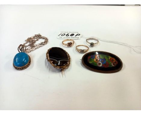 A 19th century banded agate oval brooch together with an oval enamelled brooch, 9ct gold knot ring, 2 other rings &amp; a tur