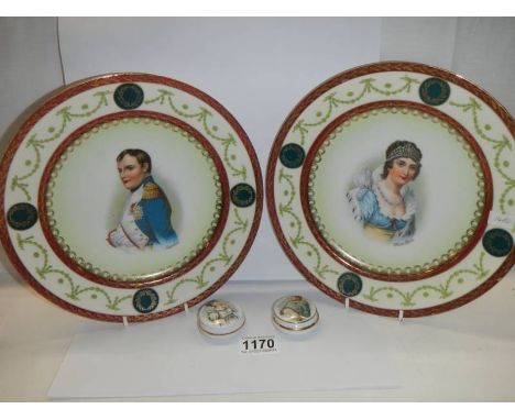 A pair of collector's plates and patch boxes featuring Napoleon Bonepart and Marie Louise. 