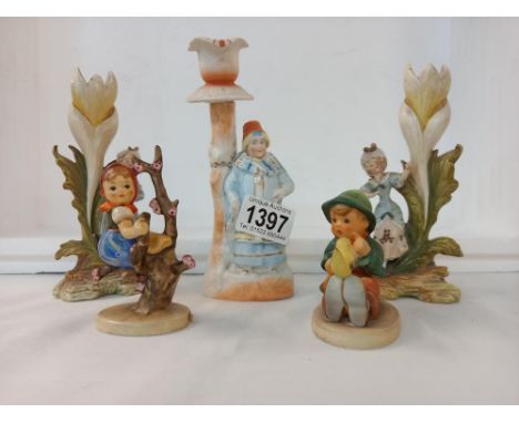 A collection of 5 figurines including Victorian and Hummel - Victorian nodding head  candlestick A/F 