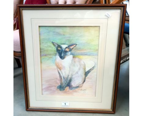 A framed &amp; glazed print of a Siamese cat, signed Mona Art (47cm x 54cm) COLLECT ONLY 