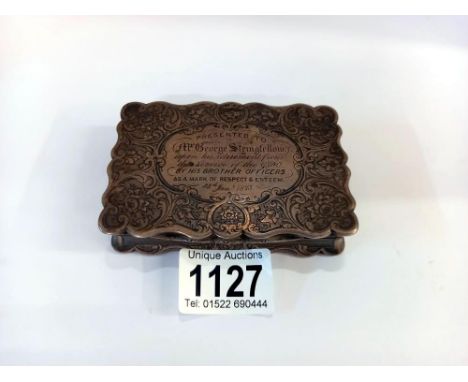 A Birmingham silver 1871 George Unite large snuff box with engraved lid, 10cm x 6.75cm x 2cm. 190.9gms/6.73ozNeeds a polish.G