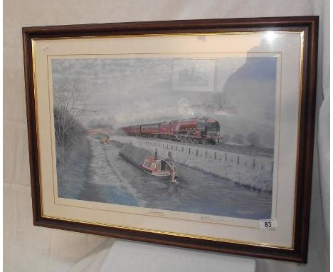 A signed print titled 'Autumn frosts' by B.J.Freeman of steam train above narrowboat COLLECT ONLY 