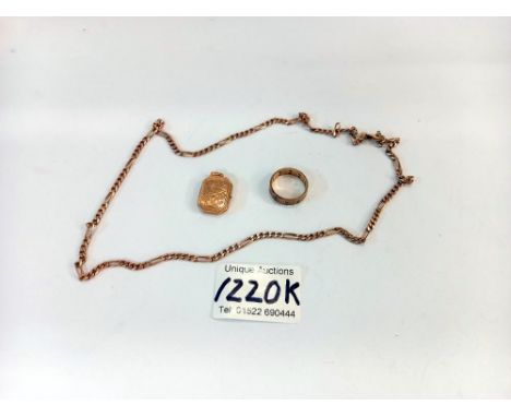 Three 9ct gold items, ring, chain &amp; locket (total weight 16.4gms) 