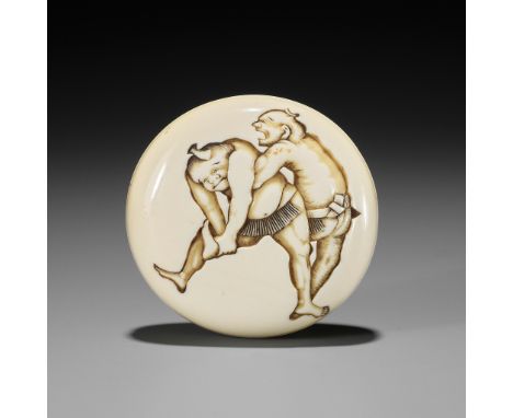 DOSHO: AN IVORY MANJU NETSUKE OF TWO SUMO WRESTLERSBy Dosho, signed Dosho 道笑 saku 作Japan, Osaka, mid-19th century, Edo period