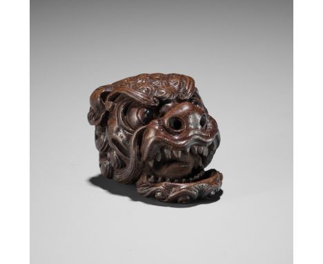 TAMETAKA: A SUPERB WOOD MASK NETSUKE OF A SHISHIBy Tametaka, signed Tametaka 爲隆 with kakihan Japan, Nagoya, late 18th century