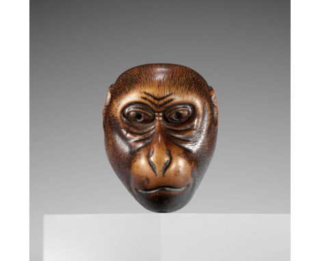 IKKO: A WOOD KYOGEN MASK NETSUKE OF A MONKEY (SARU)By Ikko, signed Ikko 一光Japan, 19th centuryA very finely carved and remarka