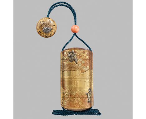 A FINE MIXED-METAL-INLAID GOLD LACQUER FIVE-CASE INRO WITH A FINE INLAID AND LACQUERED STAG ANTLER MANJU NETSUKE BY JIYOSAITh