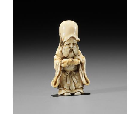 GYOKKOSAI: A FINE IVORY NETSUKE OF JUROJIN HOLDING A SCROLL  By Gyokkosai, signed Gyokkosai 玉光齋Japan, Edo (Tokyo), mid-19th c