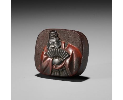 JOKA: A LACQUERED WOOD NETSUKE DEPICTING DAIKOKU AS A MANZAI DANCERBy a member of the Joka lineage, signed Joka 常嘉Japan, 19th