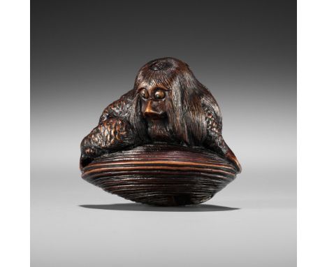 HIDEHARU: A WOOD NETSUKE OF A KAPPA TRAPPED BY A HAMAGURI CLAMBy Hideharu, signed Hideharu 秀晴Japan, Nagoya, mid to late 19th 