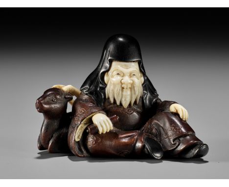 KOKOKU: A VERY FINE INLAID WOOD NETSUKE OF JUROJIN WITH STAGBy Kokoku, signed Kokoku 光谷 with seal Kokoku 光谷Japan, Tokyo, Meij