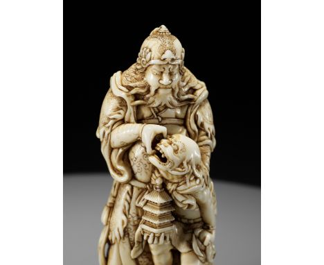 IKKOSAI: AN IMPORTANT AND LARGE IVORY NETSUKE OF IDATEN CAPTURING AN ONIBy Ikkosai Toun, signed Ikkosai 一光齋Japan, Edo (Tokyo)