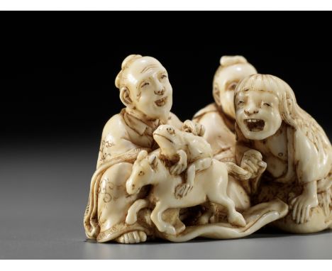 IKKOSAI: AN AMUSING IVORY NETSUKE OF GAMA, CHOKARO, AND TEKKAI SENNINBy Ikkosai Saito Itaro, signed Ikkosai 一光斎Japan, Edo (To