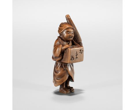 MASANAO: A SMALL WOOD NETSUKE OF A BEAN VENDORBy Miyake Masanao II (1848-1922), signed Masanao 正直Japan, Yamada, Ise Province,