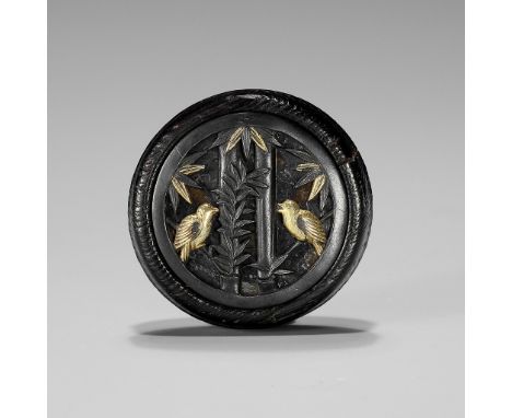 A DARK WOOD KAGAMIBUTA NETSUKE WITH A SHAKUDO PLATE DEPICTING SPARROWS IN BAMBOOUnsignedJapan, second half of 19th centuryOf 