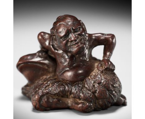 MIWA KATSUSUKE: A SUPERB WOOD NETSUKE OF GAMA SENNIN WITH HUGE TOADBy Miwa Katsusuke, signed Miwa Katsusuke 三輪勝助 with kakihan