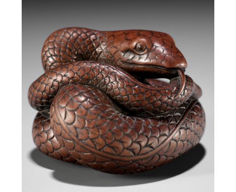 AN EXCEPTIONAL AND LARGE WOOD NETSUKE OF A SNAKE, ATTRIBUTED TO OKATOMO  Attributed to Yamaguchi Okatomo, unsignedJapan, Kyot