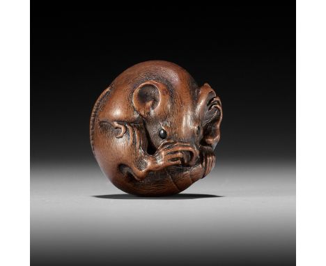 ITTAN: A FINE WOOD NETSUKE OF A COILED RATBy Ittan, signed Ittan 一旦 with kakihan Japan, Nagoya, c. 1840, Edo period (1615-186