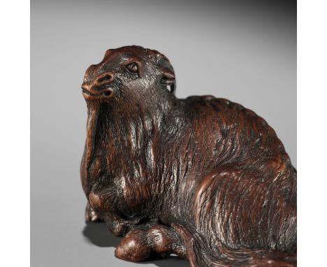 MASAYASU: A FINE WOOD NETSUKE OF A RECUMBENT GOATBy Masayasu, signed Masayasu 正保 to 刀Japan, Nagoya, 19th century, Edo period 