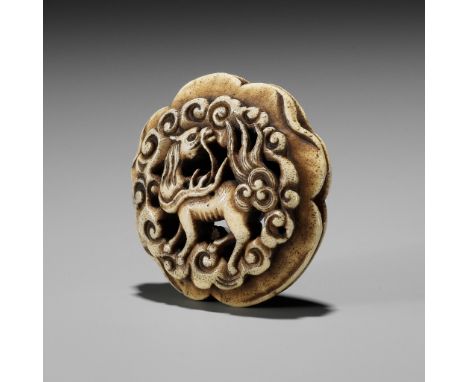 A STAG ANTLER RYUSA MANJU NETSUKE OF A KIRIN AMONGST CLOUDSUnsignedJapan, Tokyo, Asakusa, mid to late 19th centuryPublished: 