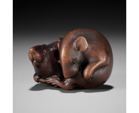 IKKAN: A SUPERB WOOD NETSUKE OF TWO RATSBy Ikkan, signed Ikkan 一貫 Japan, Nagoya, mid-19th century, Edo period (1615-1868)Publ