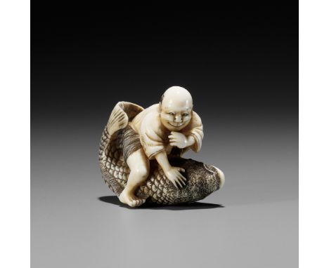 MASAMINE: A FINE OSAKA SCHOOL IVORY NETSUKE OF A FISHERMAN STRUGGLING WITH A HUGE CARPBy Masamine, signed Masamine 正峯Japan, O