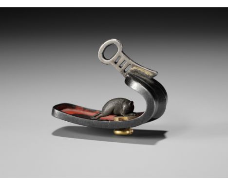 A VERY RARE MIXED-METAL AND LACQUER NETSUKE OF A RAT INSIDE AN ABUMI (STIRRUP)Unsigned Japan, 19th centuryThe shakudo stirrup