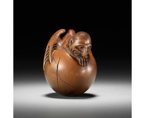 JOBUN: A SUPERB WOOD NETSUKE OF A HATCHING TENGU (TENGU NO TOMAGO)  By Jobun, signed Jobun 如文Japan, Edo (Tokyo), c. 1780, Edo