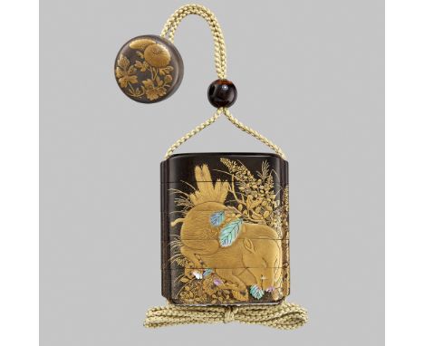 SHIOMI MASANARI: A FINE BLACK LACQUER FOUR-CASE INRO DEPICTING A SLEEPING WILD BOAR AND SILVER MOON, WITH A LACQUERED MANJU N