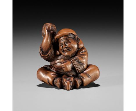 MASANAO: A RARE WOOD NETSUKE OF DAIKOKU CARVING A RATBy a member of the Masanao family, signed Masanao 正直Japan, Yamada, Ise P