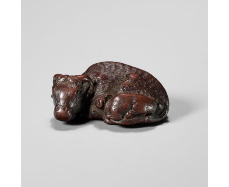 A SUPERB AND VERY RARE WOOD NETSUKE OF AN OX AND CALF, ATTRIBUTED TO TAMETAKAAttributed to Tametaka, unsignedJapan, Nagoya, 1