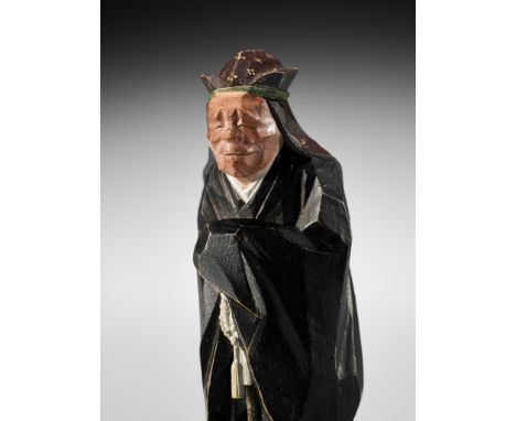 MORIKAWA TOEN: AN EXCEPTIONAL PAINTED WOOD NETSUKE OF AN ACTOR IN THE ROLE OF THE FOX PRIEST HAKUSOZUBy Morikawa Toen (1820-1