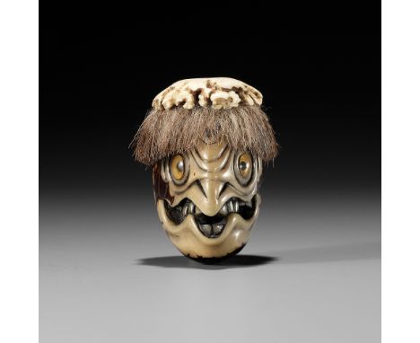 HAKUSAI: A RARE COROZO NUT AND STAG ANTLER NETSUKE OF A KAPPA HEADBy Hoshino Hakusai, signed Haku はクJapan, Asakusa, Tokyo, se