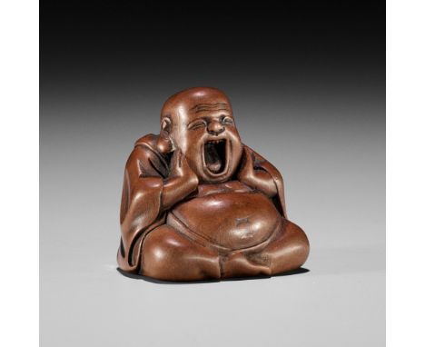 MIWA: A CHARMING WOOD NETSUKE OF HOTEI YAWNINGBy Miwa, signed Miwa 三輪 with kakihanJapan, Edo (Tokyo), first half of 19th cent