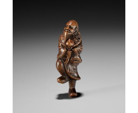A FINE WOOD NETSUKE OF TOBOSAKU SENNIN  UnsignedJapan, 18th century, Edo period (1615-1868)Tobosaku (Dongfang Shuo) standing 