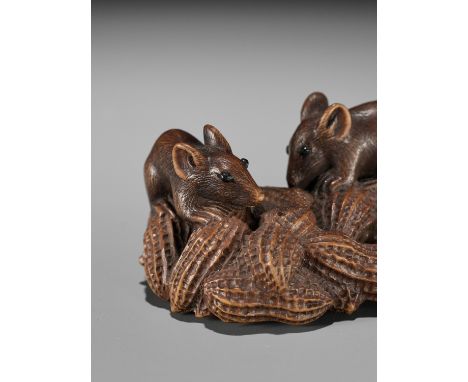 MASANAO: A WOOD NETSUKE OF TWO RATS ON A CLUSTER OF PEANUTSBy a member of the Masanao family, signed Masanao 正直 with kakihanJ