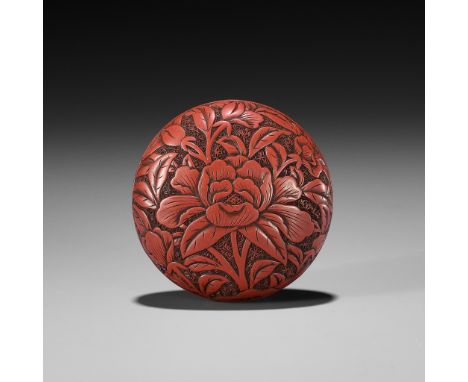 A FINE TSUISHU LACQUER MANJU NETSUKE WITH PEONIESUnsignedJapan, 18th-19th century, Edo period (1615-1868)The two part manju n
