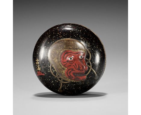 KOMA: A LARGE LACQUER MANJU NETSUKE WITH SARU MASKBy a member of the Koma school of lacquerers, signed Koma 古滿 and kakihanJap