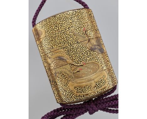 A LACQUER FOUR-CASE INRO DEPICTING CRANES WITH EN SUITE OJIME AND NETSUKEUnsignedJapan, 19th centuryOf oval section, bearing 