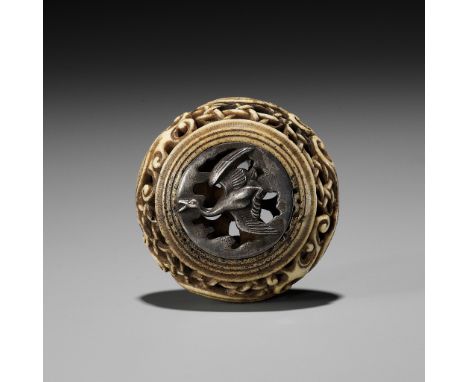 A STAG ANTLER AND SHIBUICHI KAGAMIBUTA NETSUKE DEPICTING A GOOSE IN FLIGHTUnsignedJapan, Tokyo, Asakusa, late 19th centuryOf 
