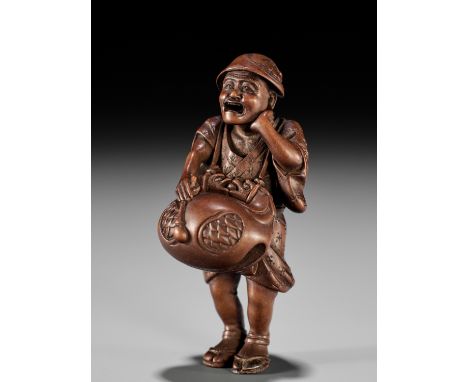 OUCHI GYOKUSO: A VERY FINE SO SCHOOL WOOD NETSUKE OF A TEMPLE SERVANT WITH MOKUGYOBy Ouchi Gyokuso (1879-1944), signed Gyokus