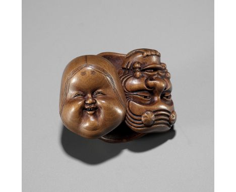 SOSHI: A FINE JOSO SCHOOL WOOD MASK NETSUKE OF A GROUP OF MASKSBy Soshi, signed Soshi 藻之 to 刀Japan, Tokyo, late 19th to early