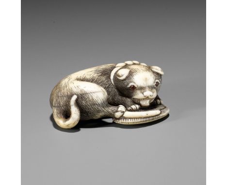 A FINE OSAKA SCHOOL IVORY NETSUKE OF A PUPPY PLAYING WITH A SANDAL (WARAJI)Unsigned Japan, Osaka, late 18th to early 19th cen