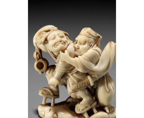 AN EARLY IVORY NETSUKE OF TAIRA NO TADAMORI CAPTURING THE OIL THIEFUnsignedJapan, 18th century, Edo period (1615-1868)Publish