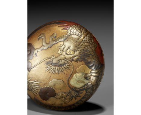 KOAMI TADAMITSU: A FINE AND RARE KOAMI SCHOOL GOLD LACQUER MANJU NETSUKE WITH CELESTIAL DRAGON LacquerNetsukeBy Koami Tadamit