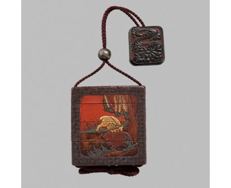 A VERY RARE RYUKYU LACQUER THREE-CASE INRO DEPICTING FIGHTING BEARS AND CHRYSANTHEMUM, WITH A LACQUER HAKO NETSUKE ATTRIBUTED