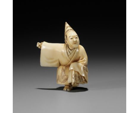 RYOJI: A FINE IVORY NETSUKE OF A SAMBASO DANCERBy Ono Ryoji, signed Ryoji 凌次Japan, Tokyo, late 19th centuryWell carved as a s