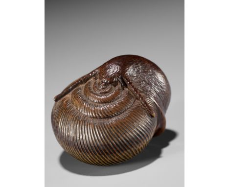 SARI: A FINE WOOD NETSUKE OF A SNAIL EMERGING FROM ITS SHELLBy Sari, signed Sari 左里Japan, Iwashiro, early 19th century, Edo p