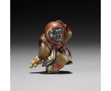 A RARE LACQUER NETSUKE OF A GOSHO NINGYO DOLL PERFORMERUnsignedJapan, late 19th centuryThe gosho ningyo performer lacquered i