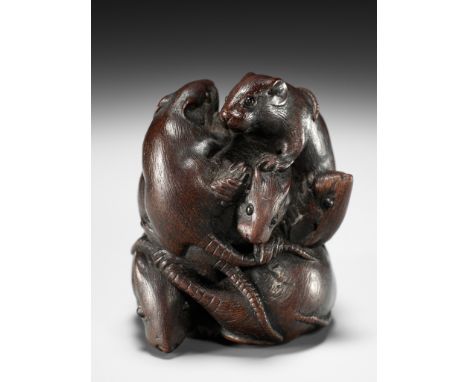 ITTAN: A SUPERB WOOD NETSUKE OF SEVEN RATS IN A PYRAMIDBy Ittan, signed Ittan 一旦 with kakihanJapan, Nagoya, c. 1850, Edo peri